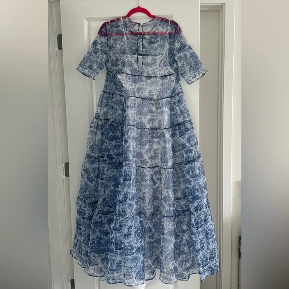 NWOT STAUD Hyacinth Crepe Organza Blue Toile Tiered Maxi Dress Small